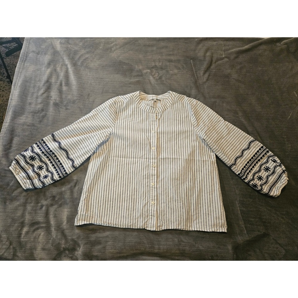 Madewell Womens Medium Blue White Striped Embroidered Puff Sleeve Button Top